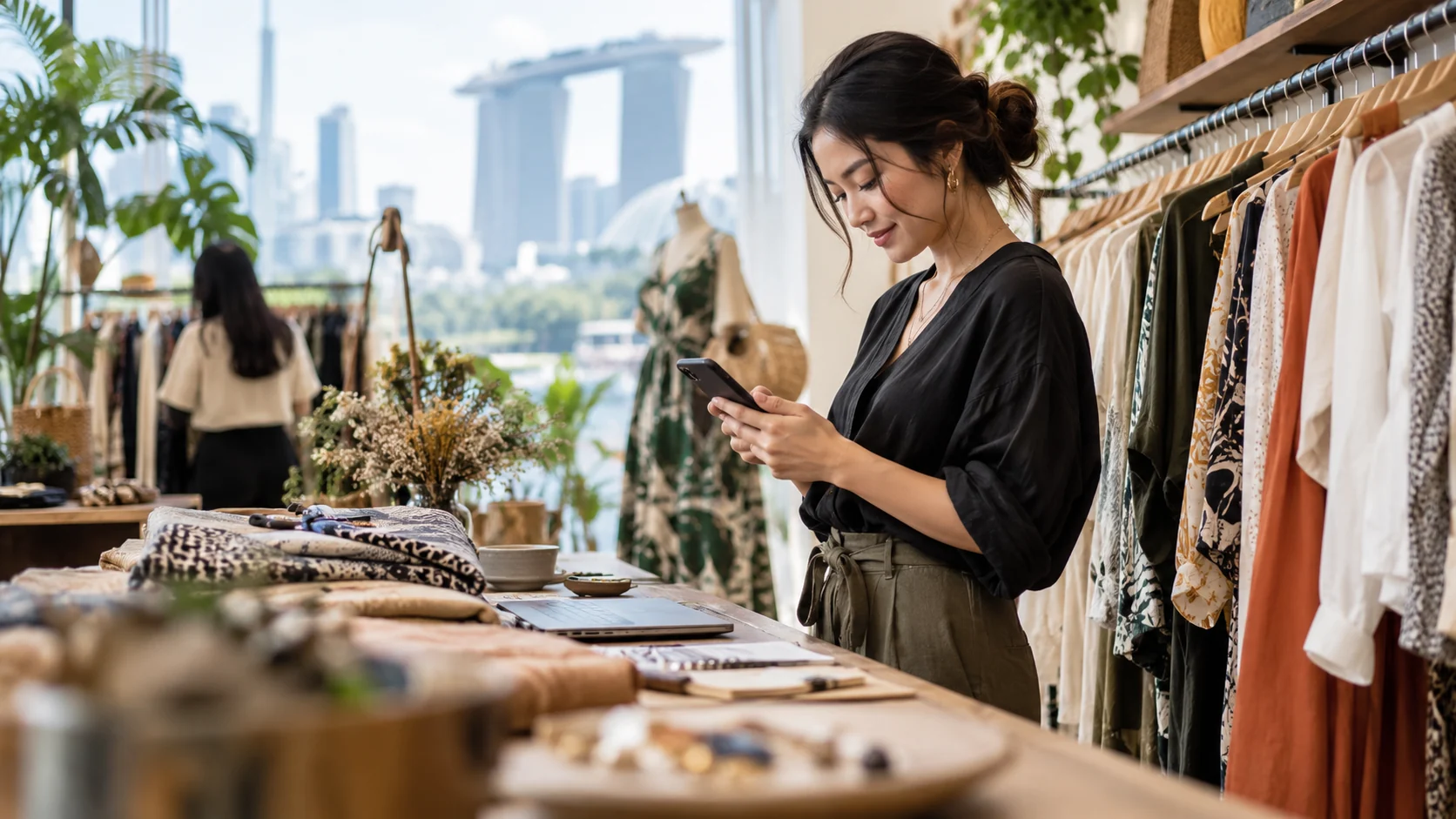 Illustrative shop owner replying while preparing orders