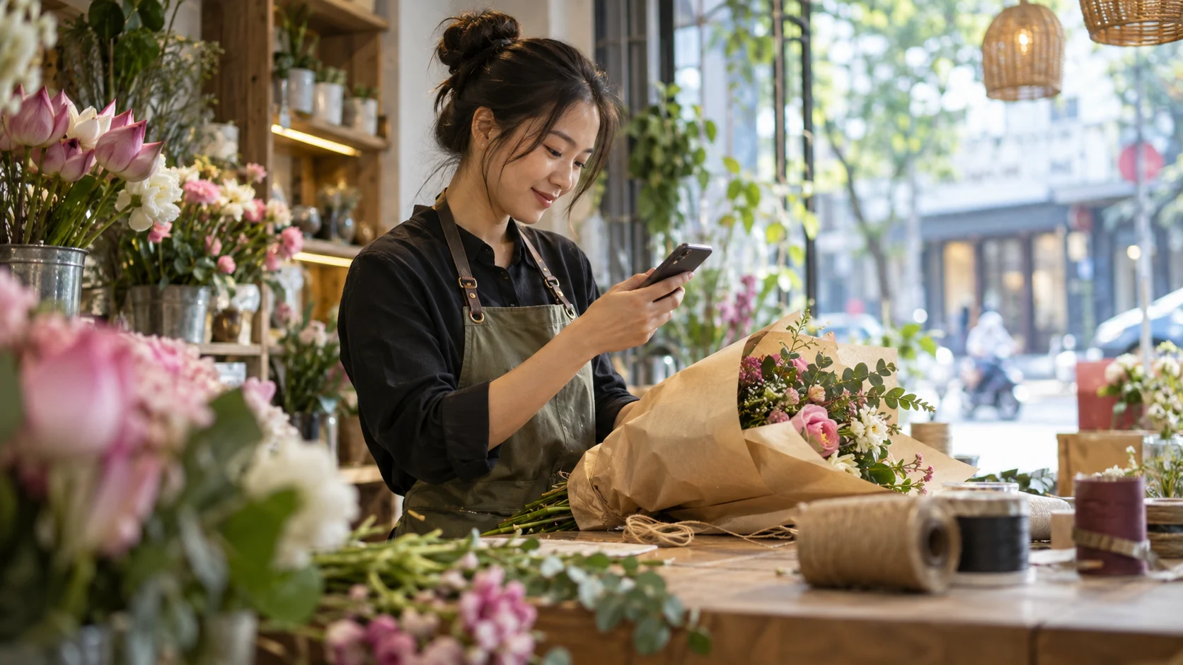 Chủ tiệm hoa chuẩn bị một bó hoa